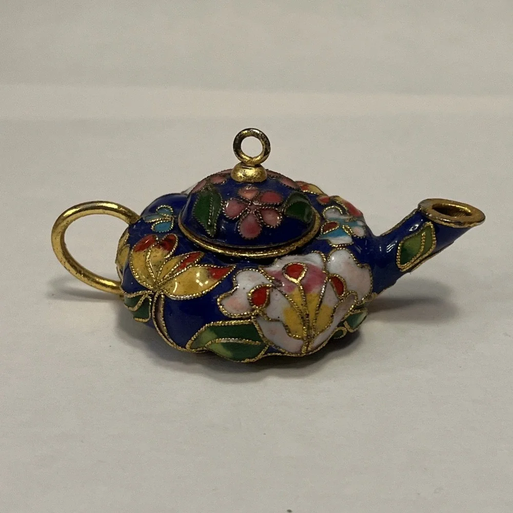 Vintage Cloisonné Porcelain Enamel Miniature Tea Pot With Floral Pattern